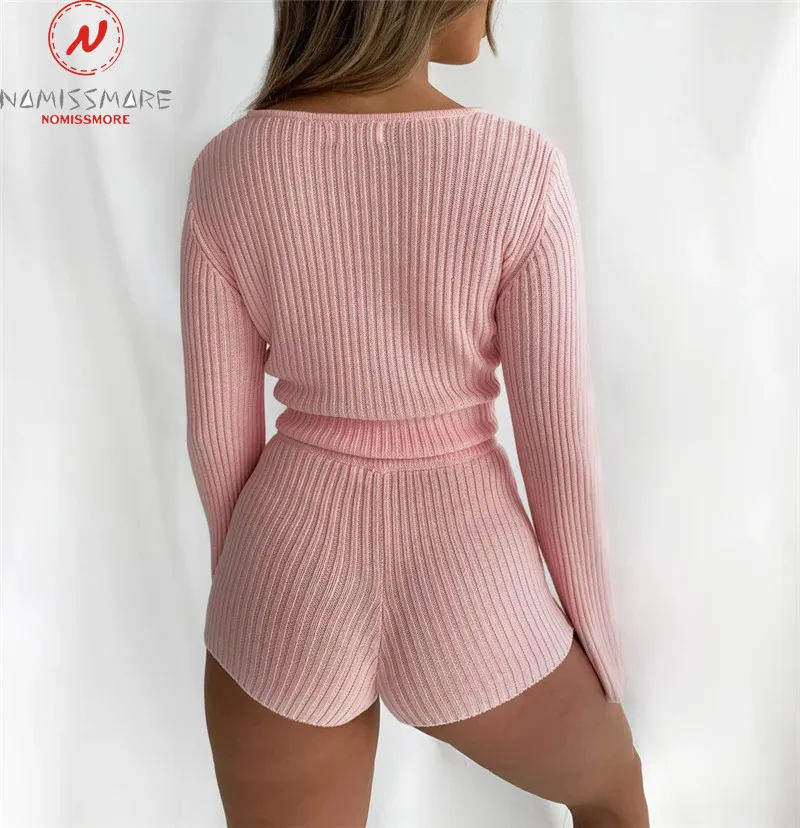 

Sexy 2 Piece Outfits for Women Zipper Decor V-Neck Long Sleeve Solid Color Slim Cardgian Top+Elastic High Waist Slim Hips Shorts