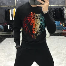 Spring and Autumn European New Brand Design Mens Hoodie Hot Drill Plush Thick Lion Fashion Sweatshirt Round Neck Warm Pullover