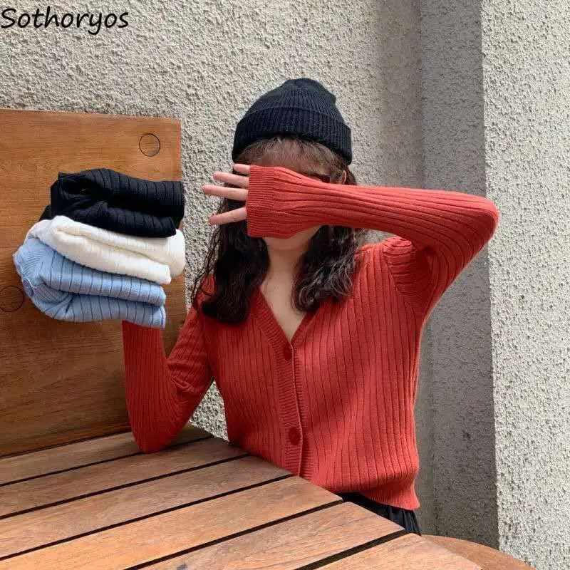 

Женский однотонный кардиган, облегающий короткий вязаный свитер с V-образным вырезом, однобортная Студенческая универсальная верхняя одеж...