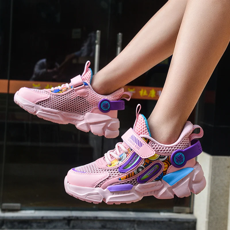 

2021 Spring Non-Slip Sneakers Sports Shoes Summer Breathable Mesh Boys Sneakers Beige Pink Girls Jogging Soft Kids Trainers
