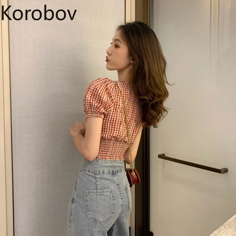 Корейская шикарная клетчатая полосатая Лоскутная Короткая Блузка Korobov Женская