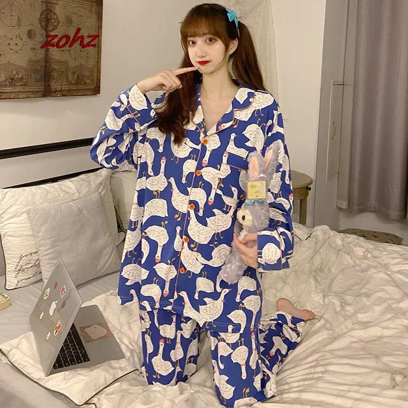 

Autumn Winter Korean Plaid Girls Pajamas Two Piece Set Cute Long Sleeve Casual Sleepwear For Women Loose Nightwear Homewear Suit