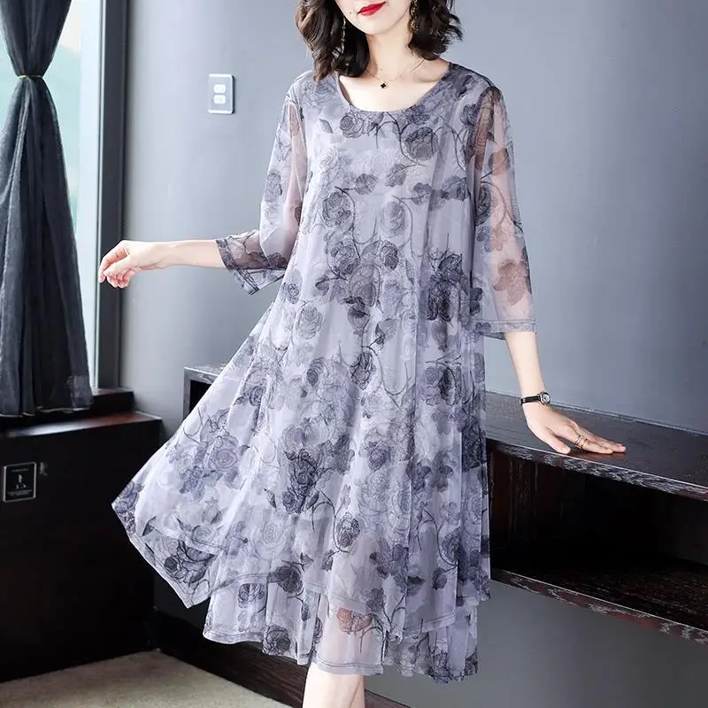 

Women 2021 Summer New Fashion Print Chiffon Midi Dresses Female Vintage 5XL Sundress Elegant Ladies Party Vestido K04