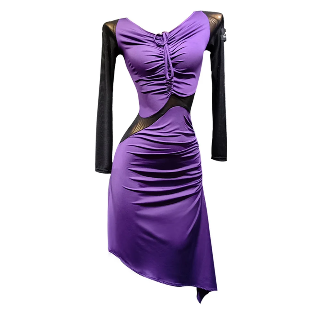 

Latin Dance Dress Purple Drawstring Mesh Dancing Practice Clothes Sexy Net Yarn Perspective Women Dress Ballroom Samba Tango