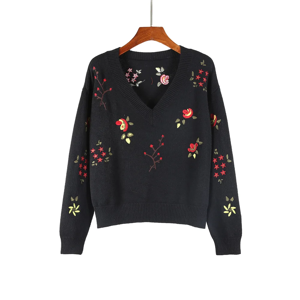 Женский вязаный свитер в стиле ретро свободный с длинным рукавом и v-образным