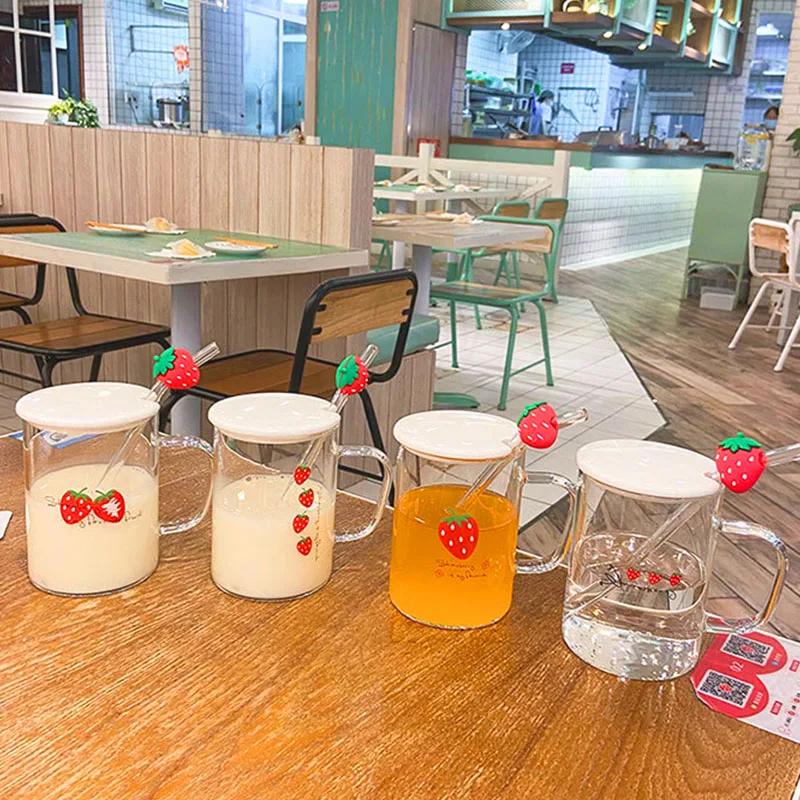 

Heat Resistant Glass Mugs With Straw Ceramic Cover Borosilicate Glass Cup Portable Travel Strawberry Waterbottle Drinkware
