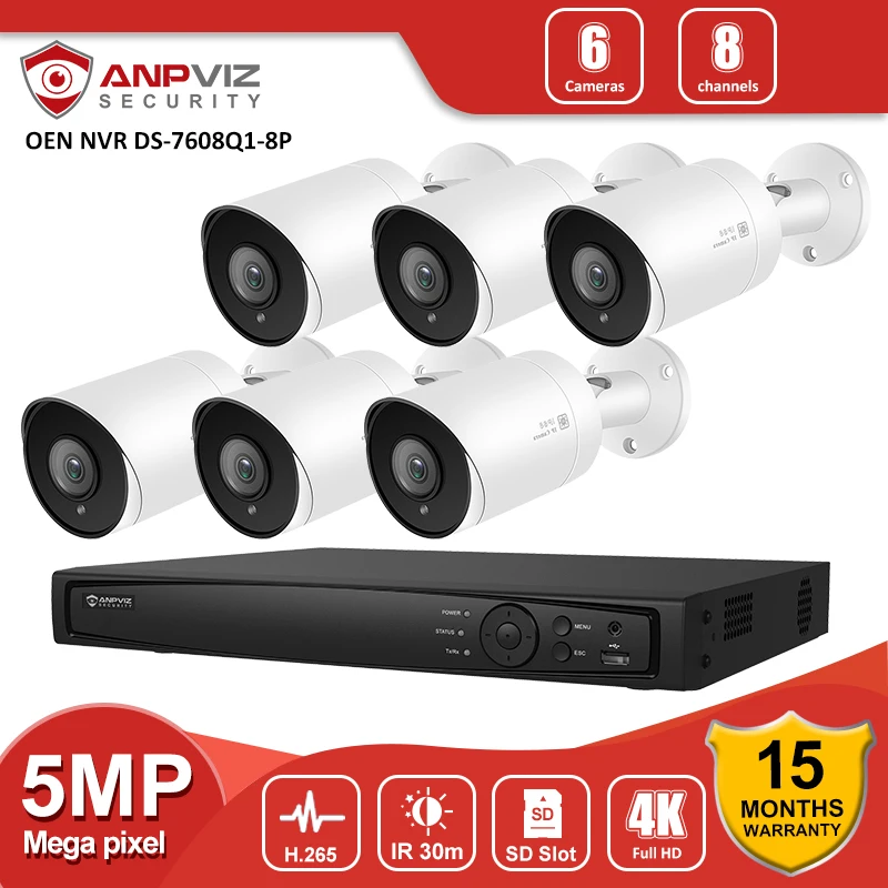 Anpviz Secutity CCTV Camera System Hikvision OEM 4K 8MP 8CH NVR 5MP Bullet POE IP Outdoor Audio H.265 + комплект