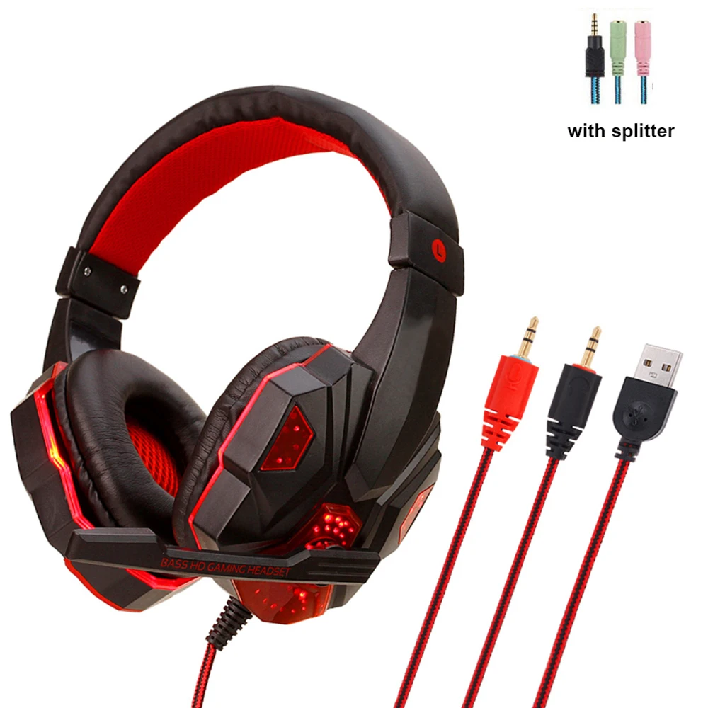 with splitter Наушники, игровая гарнитура, наушники для геймера, стерео наушники с микрофоном, Led, для компьютера, планшета, мобильного телефона - Цвет: with splitter