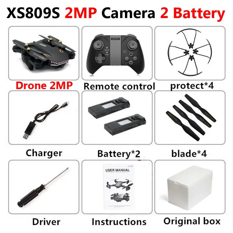 2MP 2 Battery Foam VISUO XS809S Профессиональный складной селфи мини-Дрон с камерой 2MP HD WiFi FPV широкоугольный XS809HW RC Квадрокоптер Вертолет игрушка - Цвет: 2MP 2 Battery Foam
