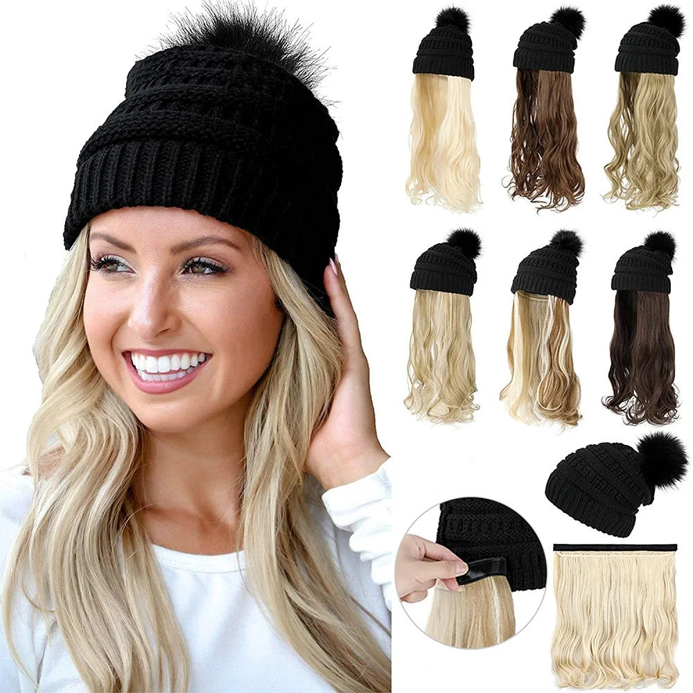 

XBwig Synthetic Long Straight Wavy Wigs with Beret Hat Navy Hat Knitted Hat Fashion Autumn Winter Cap Hair Wig Hair Extensions