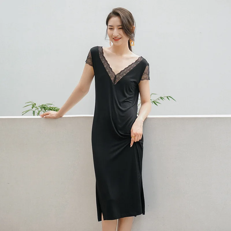 Summer Autumn Nightgown New Solid Color Modal Slim Lace V-neck Sexy Women's Nightdress Comfortable Home Clothes Lady Sleepwear