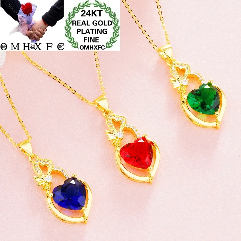 

OMHXFC Оптовая Европейская мода Женская вечевечерние НКА день рождения свадебный подарок сердце AAA циркон 24 карата золотое ожерелье подвеска ...