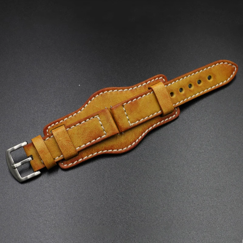 Onthelevel Leather Cuff Watch Band 22mm 24mm Watch Strap With Mat Wrist Protection Yellow Red Watchband For Fossil #D