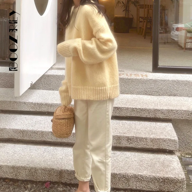

BoozRey Women Retro Soft Solid Pullover Sweater Korean Style Outer Wear Loose Pullover Long Sleeve Top Sweaters Sweet Knitwear