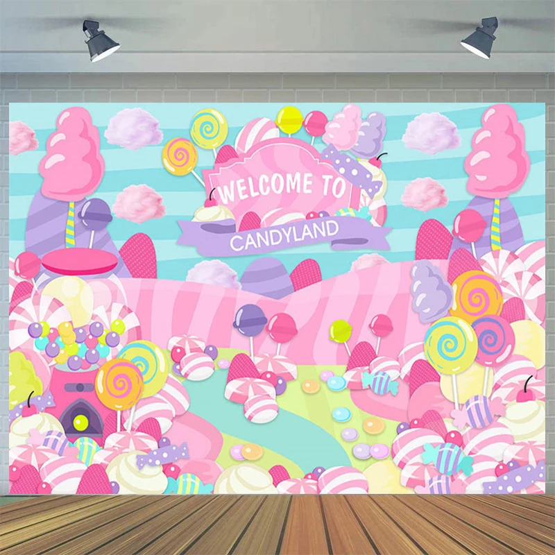 

Candy Theme Birthday Background Photography Welcome to Candyland Baby Child Birthday Party Backdrops Decoration Banner Photocall