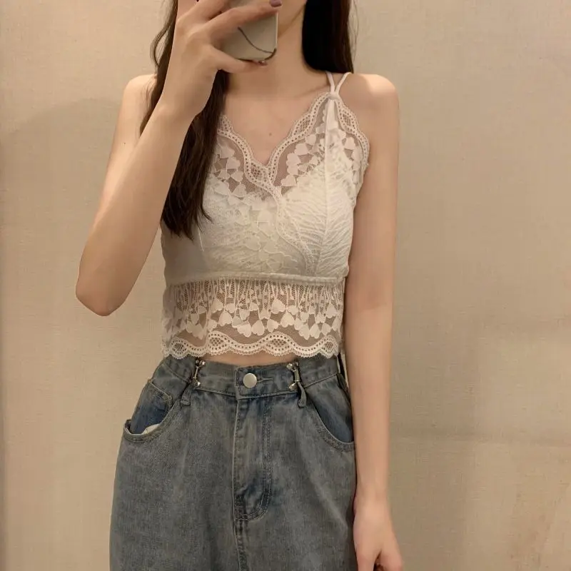 

Lace camisole women clothes summer 2021 new Korean fashion all-match sexy slim design sense niche wear with chest pad tops trend