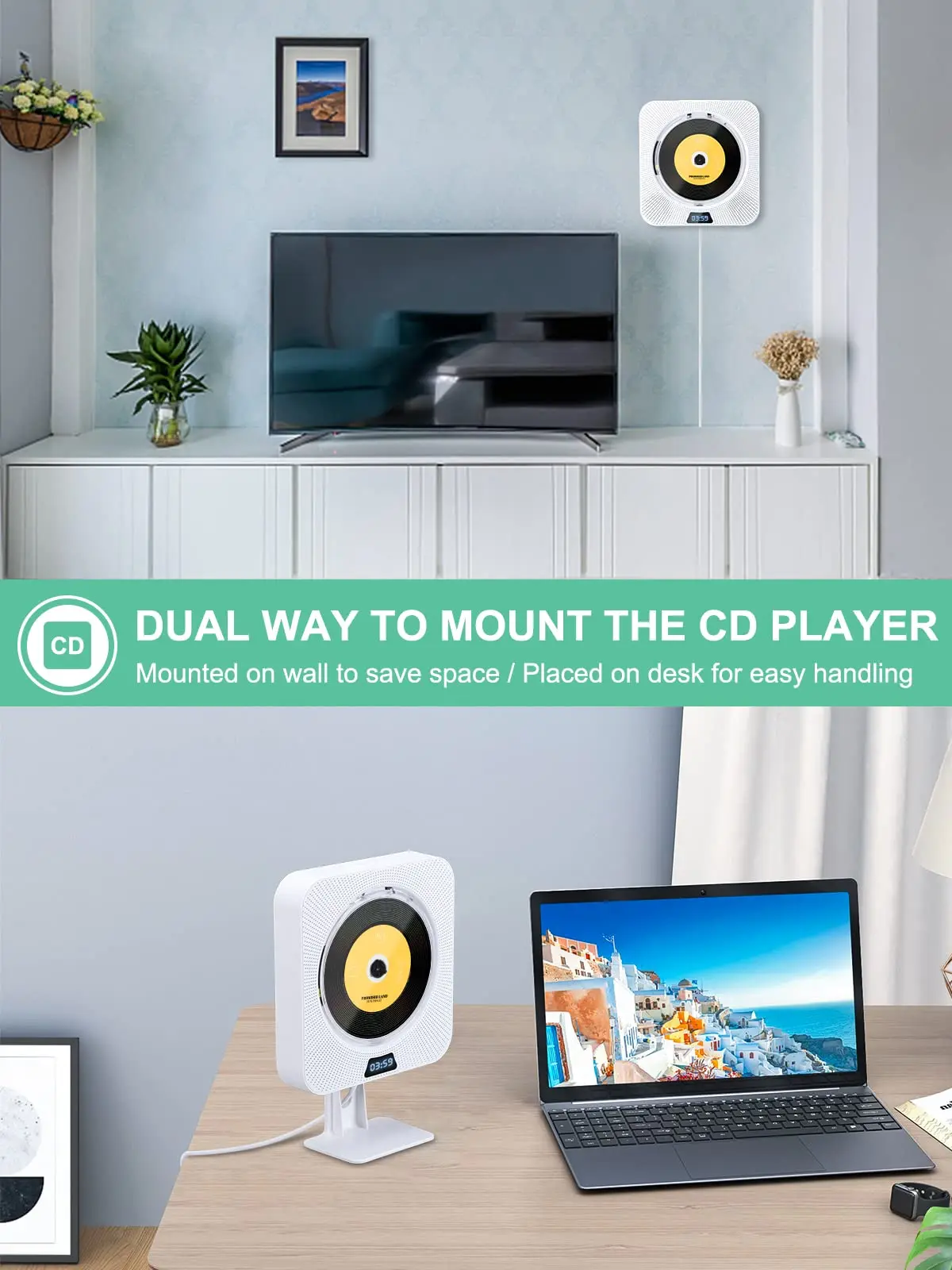 Onvian Portable CD Player With Bluetooth Wall Mountable CD Music Player With IR Remote Control Wall CD Player With Speaker Ship enlarge