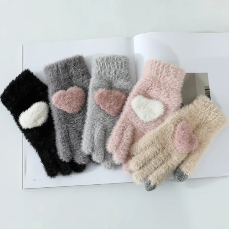 Gloves Knitted Women Touch Screen New Winter Soft Rabbit Wool Knitted Gloves Warm Lovely Girls' Pink Heart Mittens Gloves