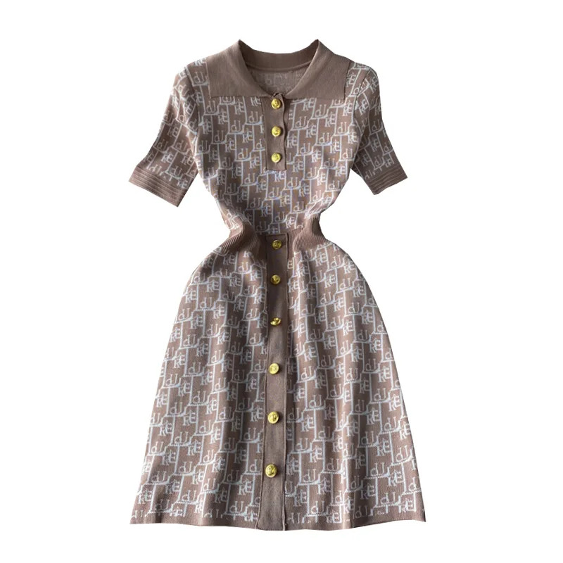 

New Women's Casual Short Sleeve Polo Collar Knitted Dress New French Style Slim Waist A-line Mini Short Dresses In Summer 2021