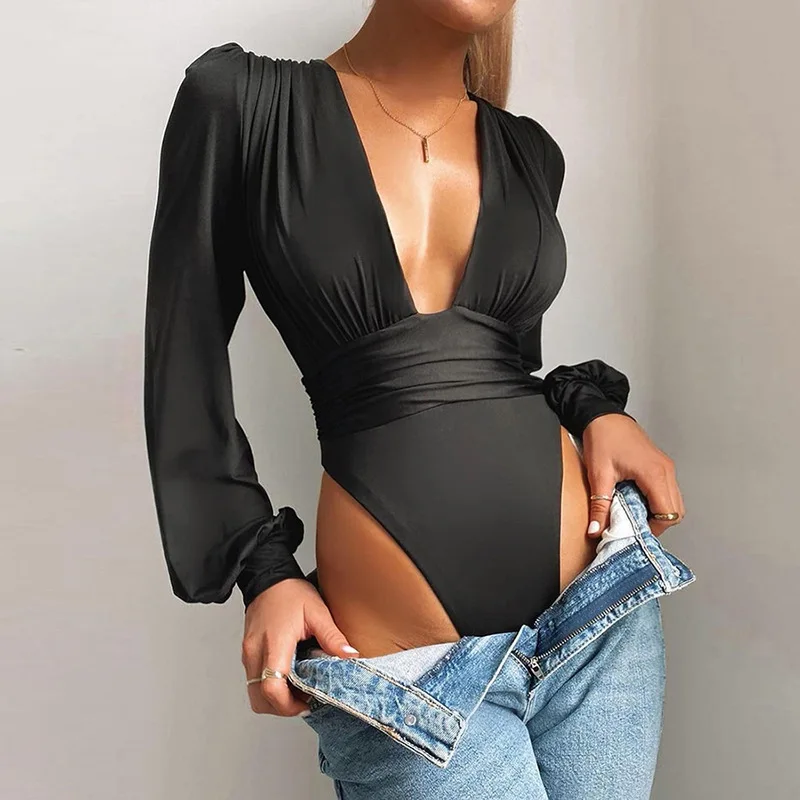 

Black Long Sleeve Bodysuit Surplice Ruched Plunge V Neck Jumpsuit Leotards for Women Body