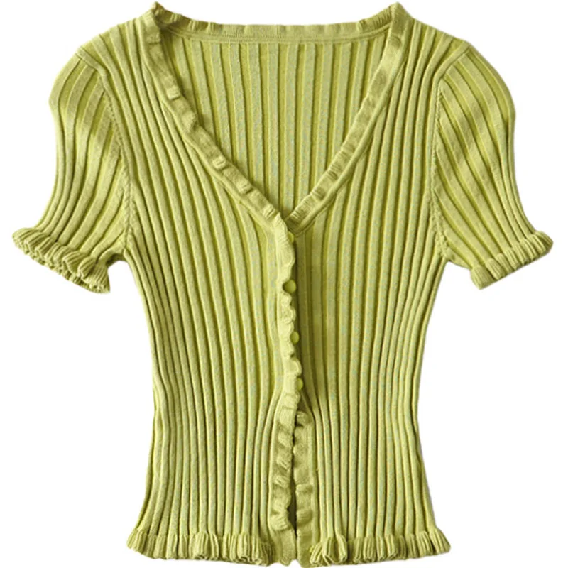 

Sweet Ins Versatile Knitted Cardigan Retro Small Sunken Stripe Slim Fit Shirt High Waist Wooden Ear Midriff-Baring Knitted