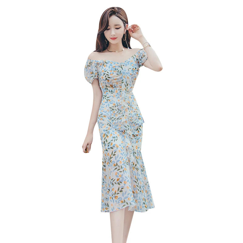 

of 2021 the new floral chiffon gathered waist show thin long fishtail a word shoulder hubble-bubble sleeve dress