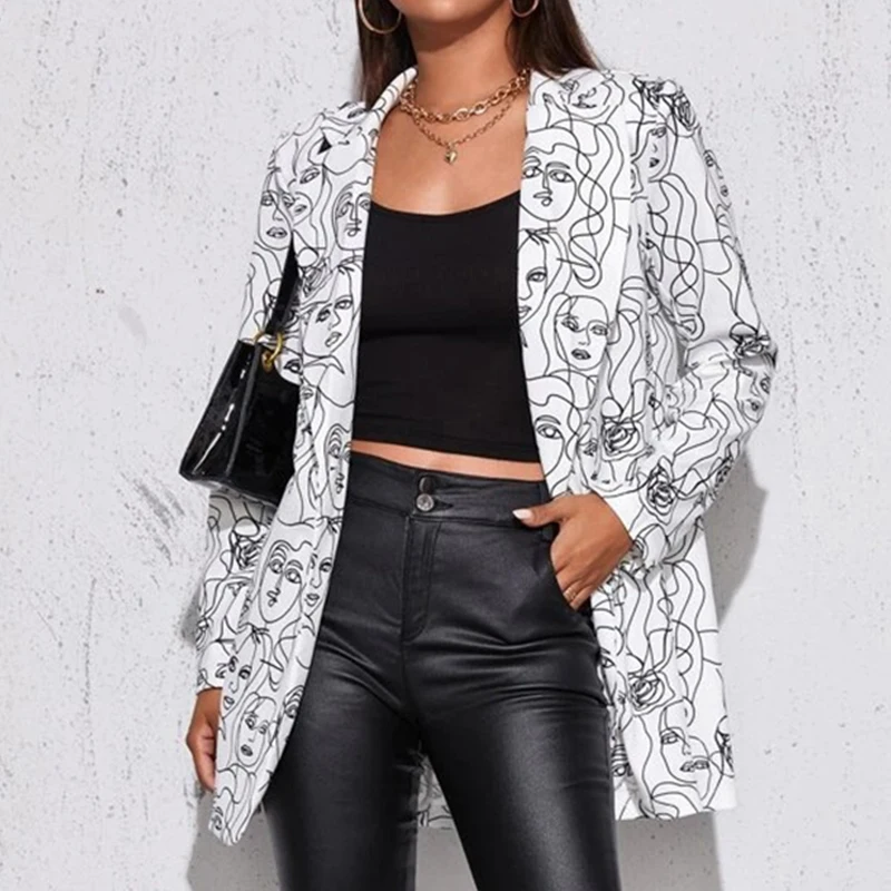 

Cartoon Beauty Face Print White Blazer Women Jacket High Street Fashion NiceSpring Plus Size Elegant Lady Coat American Stylish