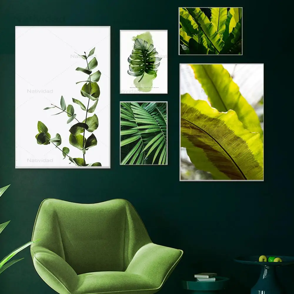 Настенная картина с зелеными монстерами бананами пальмами листьями настенная