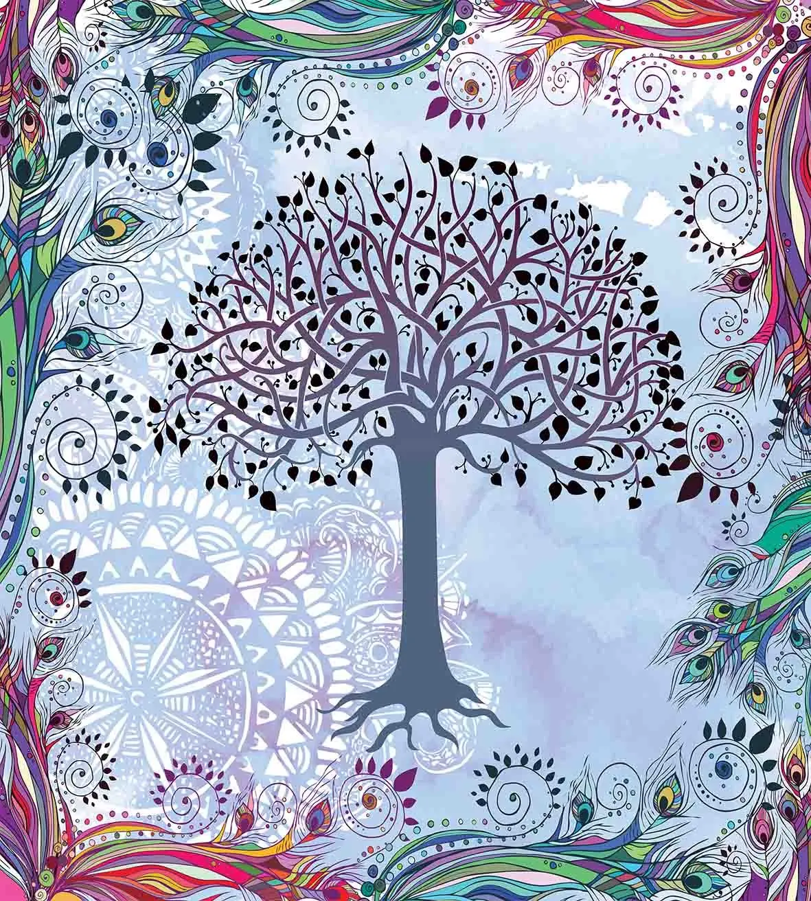 Природа постельное белье Древо жизни мотив с павлиньими перьями Племенной