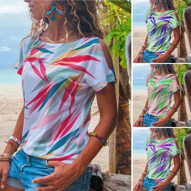

Women's Summer Round Collar Casual Striped Leaves Off Shoulder T-Sleeve Top