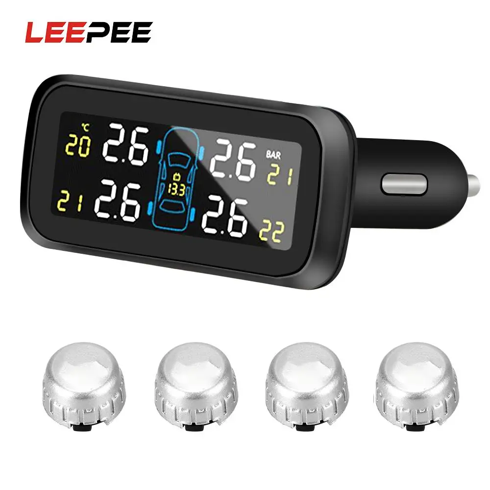 

LEEPEE Wireless Digital LCD Display Tire Pressure Monitoring System Cigarette Lighter Type TPMS Auto Security Alarm Systems