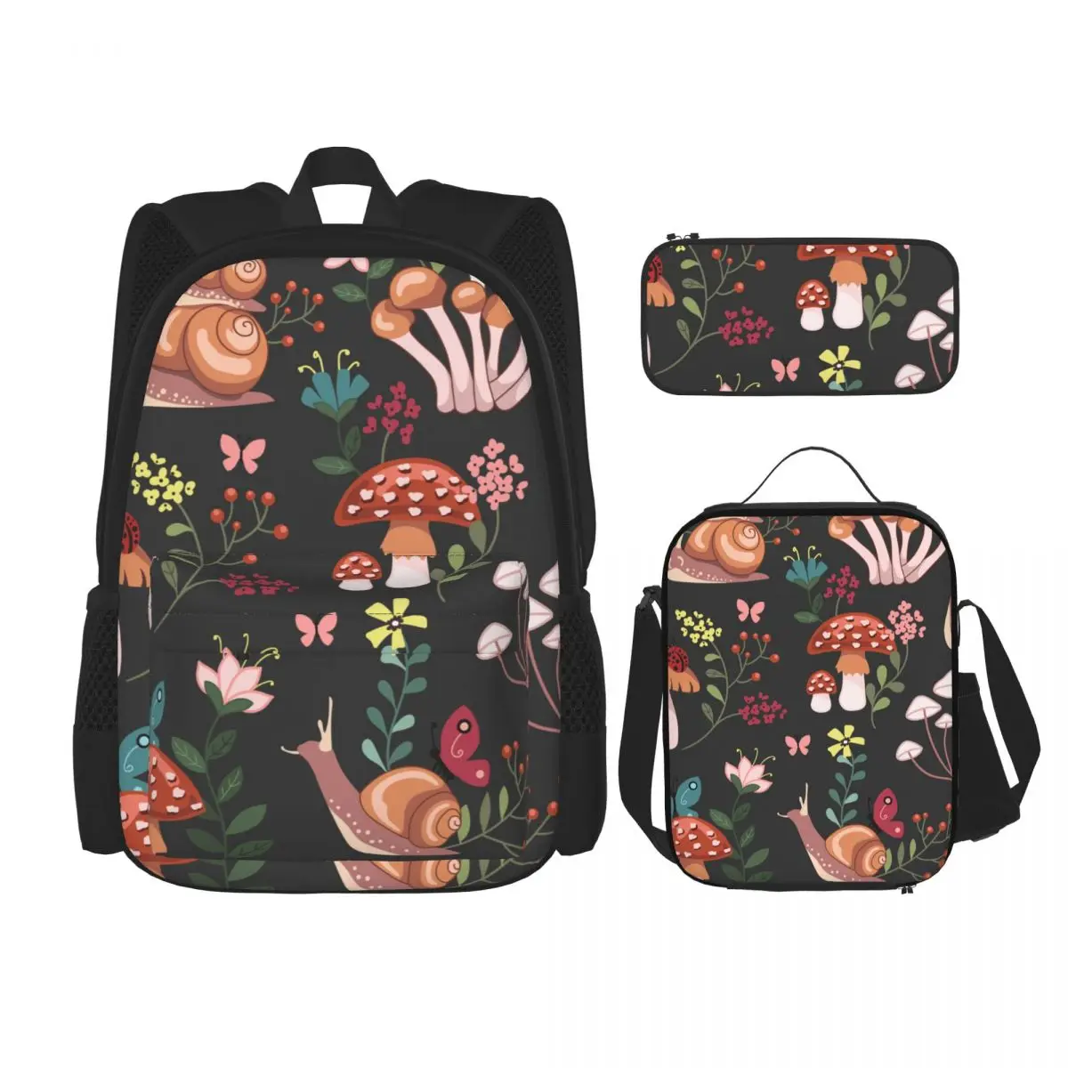 

Whimsical Mushrooms Snails Butterflies Ladybugs School Bag Set for Teenagers Girls Boys Student Travel Book Bag Kids Mochila