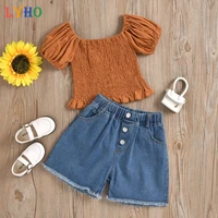 summer toddler girls top and jeans shorts set shirred lantern sleeve blouse girls clothes kids outfits denim suit 3 8 years