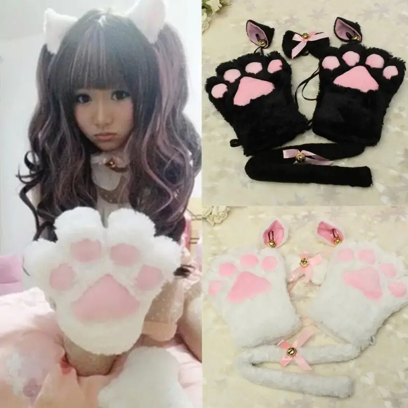 

1 Set Anime Cosplay Costume Cat Ears Plush Paw Claw Gloves Tail Bow-tie Cute Women Girls Party Easter Decor Accessories