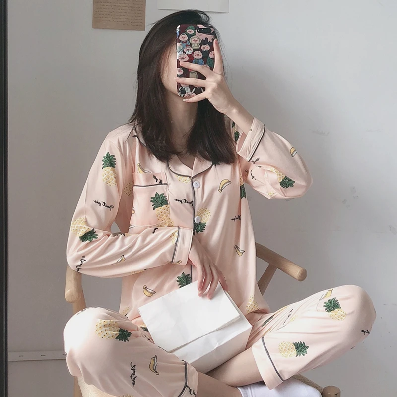 CAIYIER Spring Autumn pajamas Long-sleeved pants Lovely cartoon print Leisure turn-down collar Sleepwear winter women Nightwear