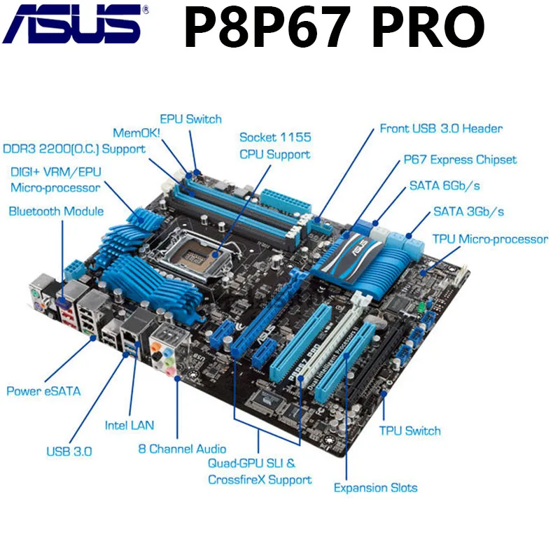 Материнская плата Asus P8P67 PRO 100% оригинал Core i7 i5 i3 LGA1155 DDR3 32 Гб USB2.0 USB3.0 Настольная