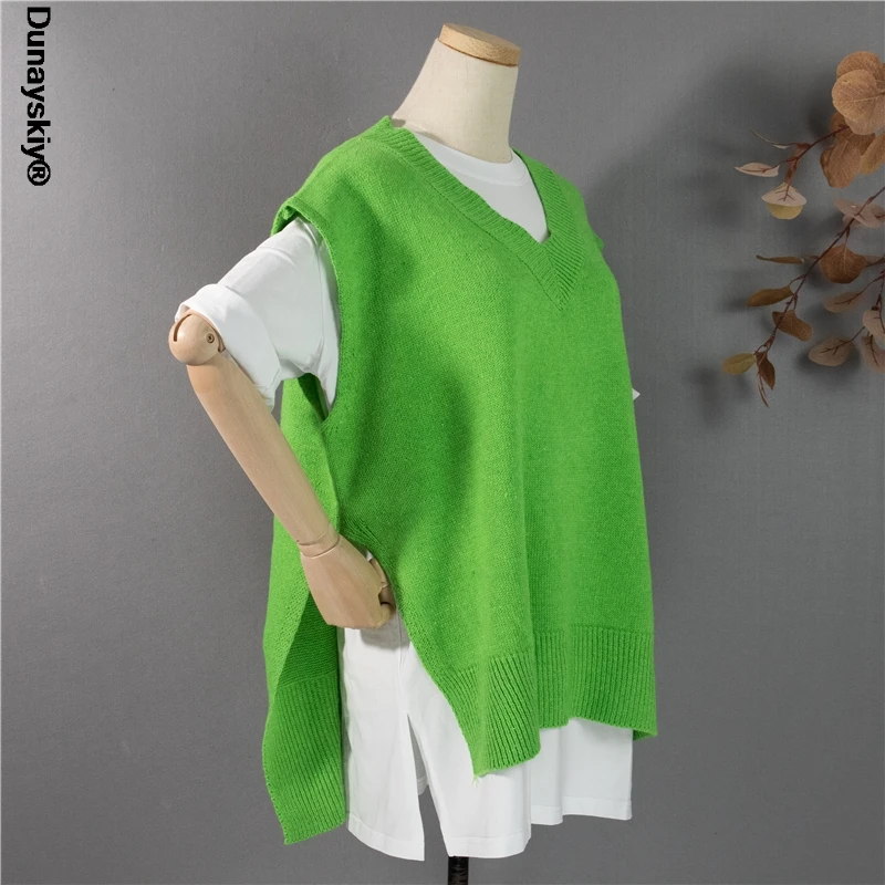 

2021 Autumn Winter Y2K Women Pullovers Waistcoat Sweater Vest Knitted Irregular Split Retro Oversized Tops