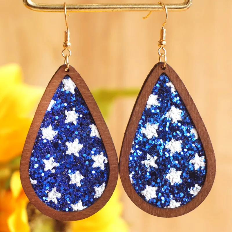 

Vintage Geometric Glitter Wooden Teardrop Round Dangle Drop Earrings for Women
