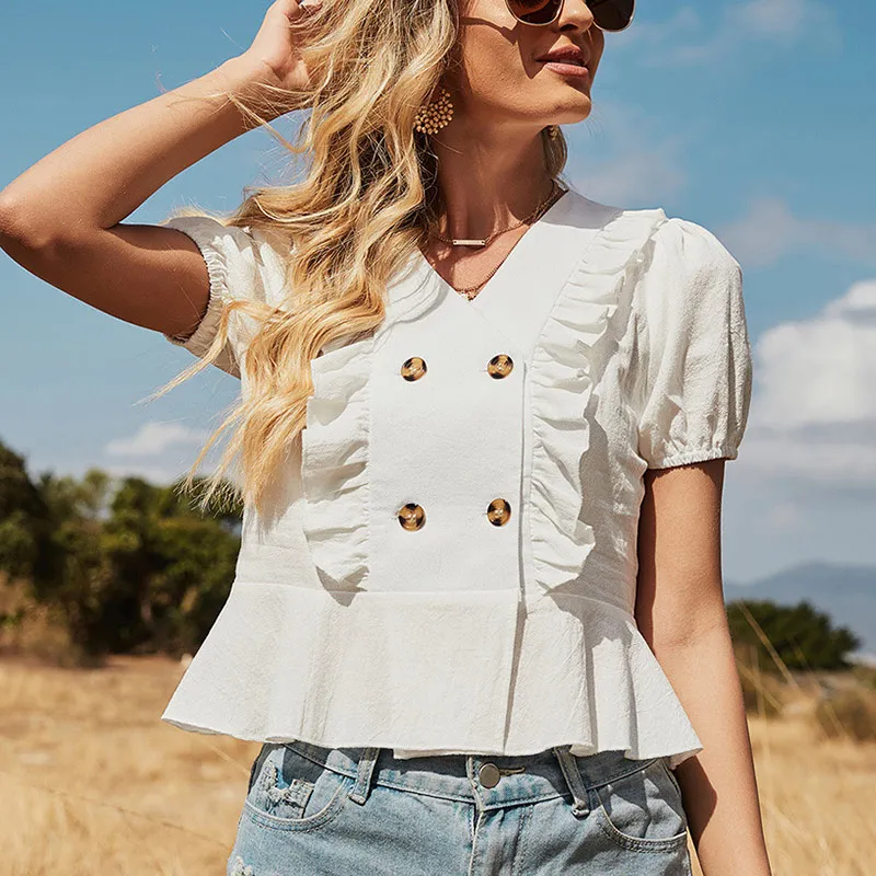 100% хлопковые летние футболки с короткими Sheelve рюшами шить шифоновая блуза