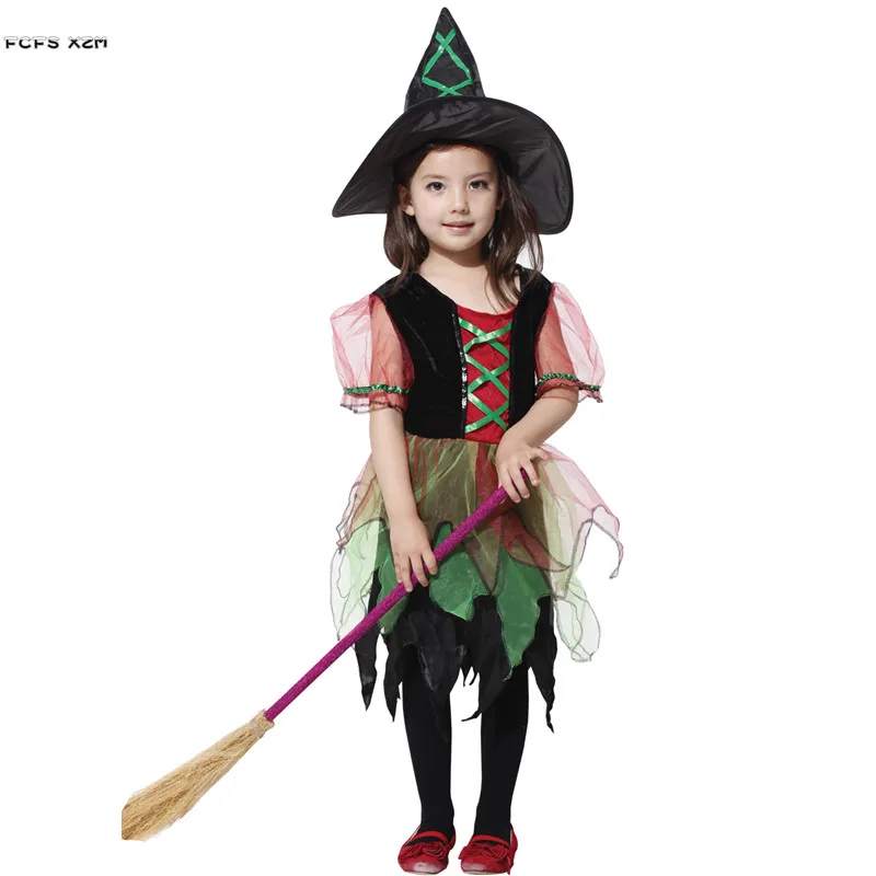 

M-XL Cap and dress Girls Sorceress Cosplay Kids Children Halloween Witch Costume Carnival Purim Stage show Role play party dress