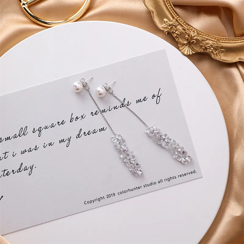 Новые корейские милые жемчужные серьги-цепочки с кристаллами и кисточками