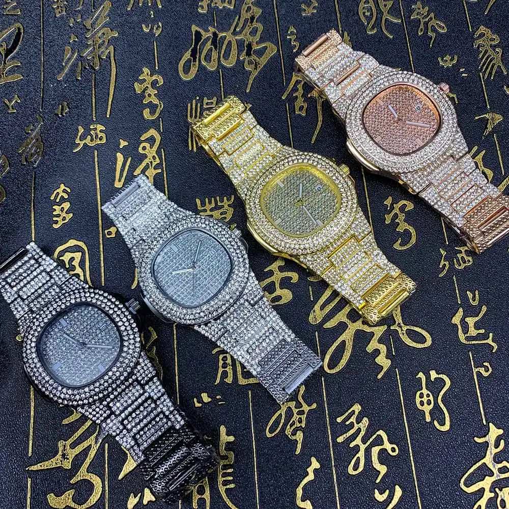 Прямая поставка мужские часы со стразами кварцевые в стиле хип-хоп золотые
