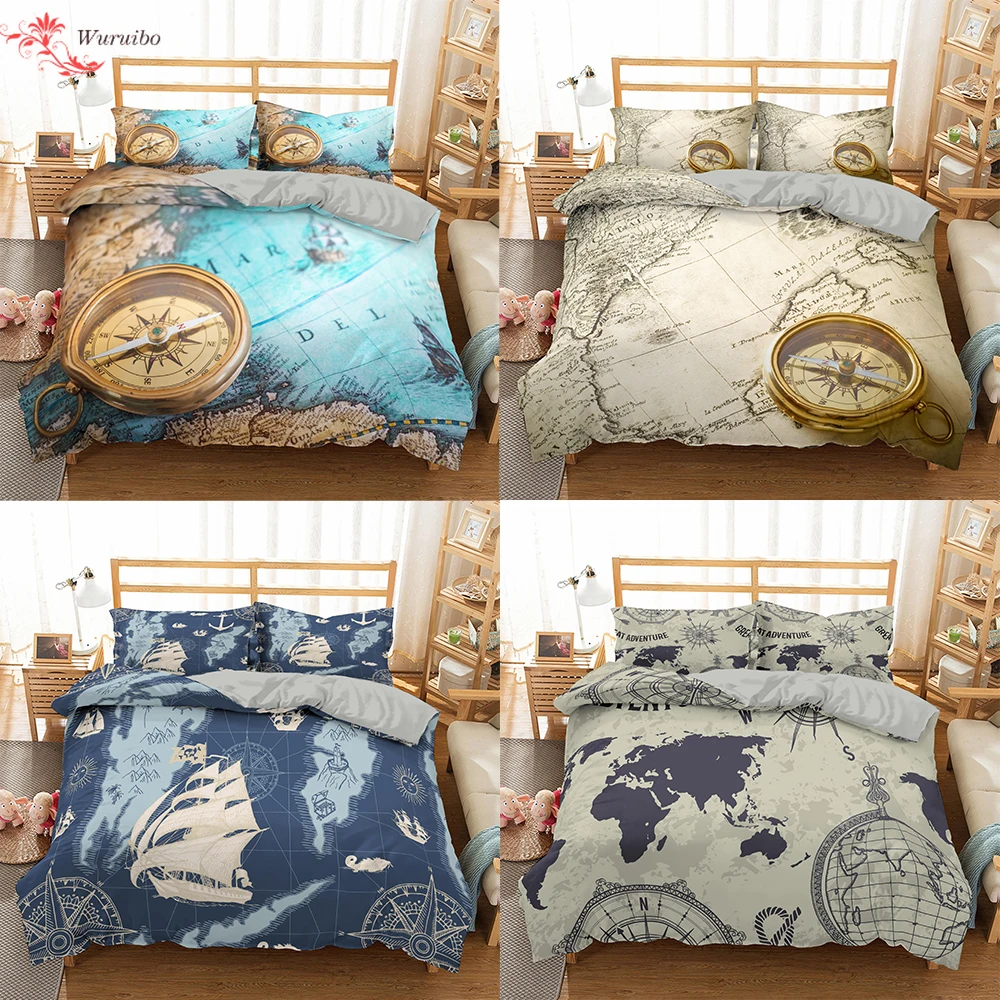 

Teens Bedding Set Retro Map Compass Duvet Cover King Queen Bed Cover 90/135/150 Nautical Adventure Bedclothes Single Twin Size