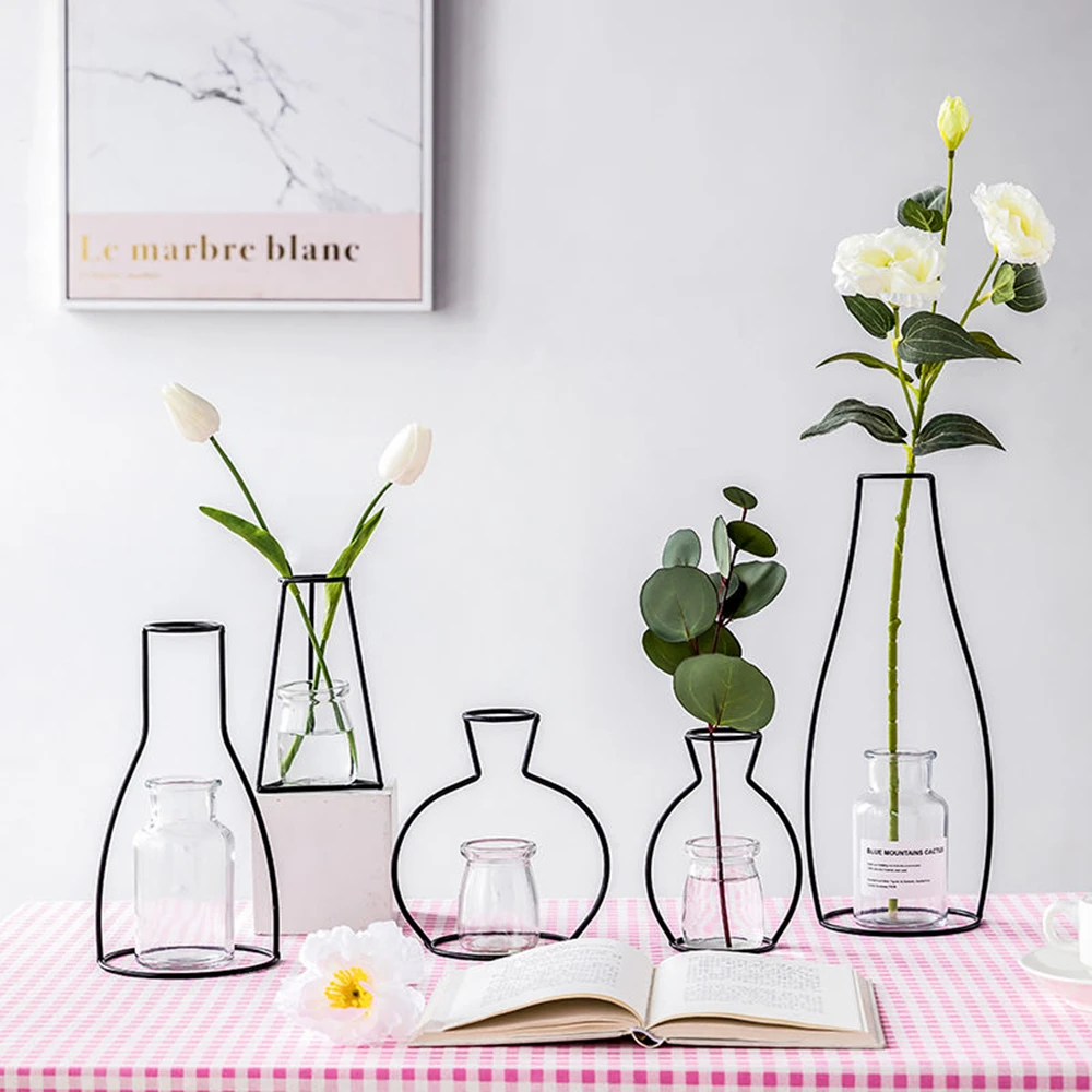

Nordic Simple Retro Iron Line Table Flowers Vases Metal Plant Holder Flowers vase Nordic Home decoration ornaments 8 Shapes