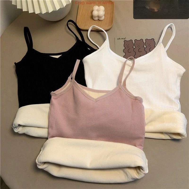 

2Pcs Warm Cotton Vest Winter Wear Plus Velvet Thickened Cold-proof Student Korean Version of The Autumn Winter Sling Top