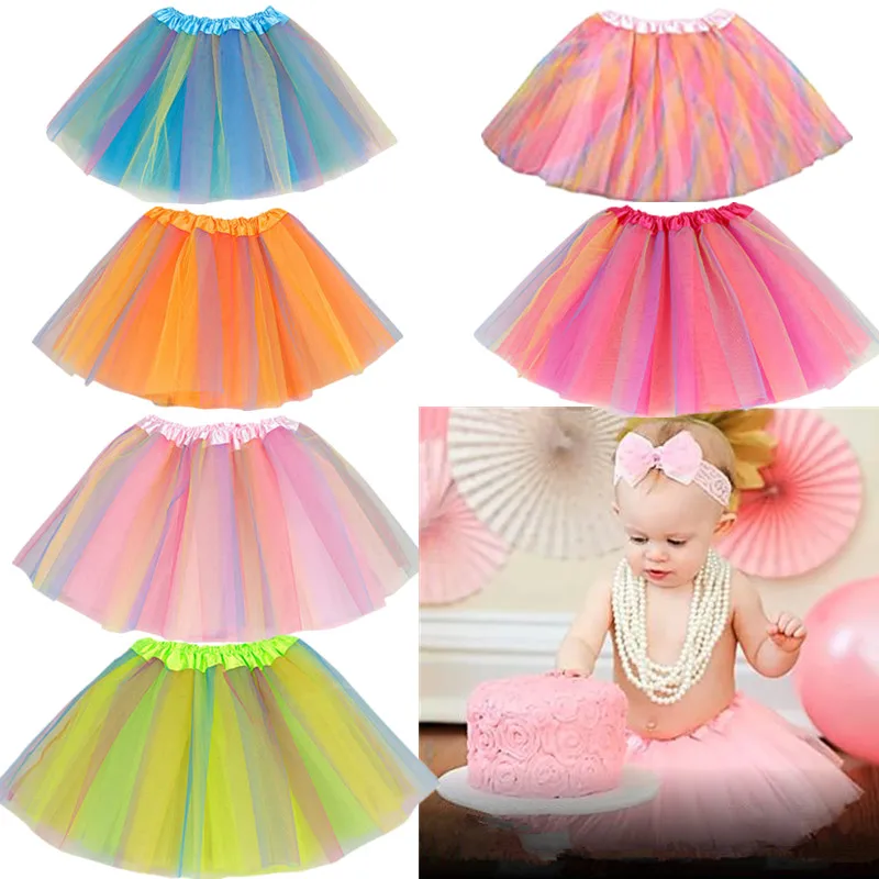 

2-8 Years Old Tutu Skirt Rainbow Print Princess Child Yarn Birthday Party Dance Ballet Performance Prom Dress Petticoat Costume