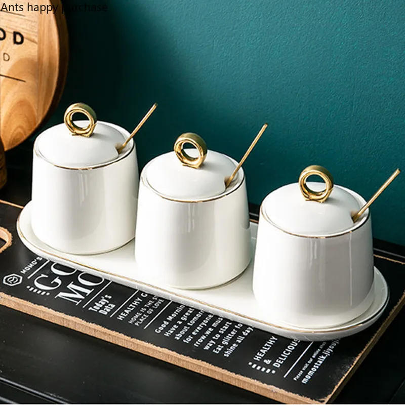 Spice Jar Set Kitchen Supplies Household Seasoning Box Condiment with Lid with Spoon Ceramics Salt Jar Kitchen Tools Appliance