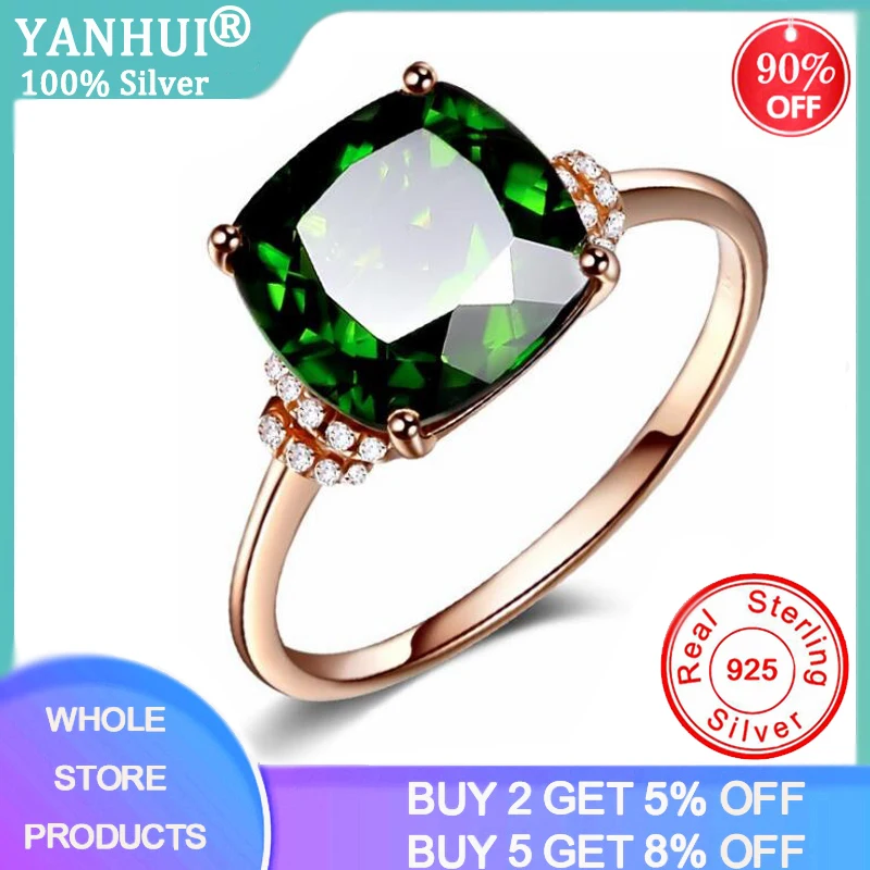 YANHUI  Gold Color Natural Emerald Rings for Women Vintage Tibetan Silver  Wedding Jewelry Brand Anniversary Party Gifts