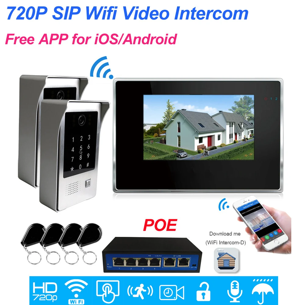 WiFi видеодомофон POE Система IP видео телефон двери 7 ''сенсорный экран мобильное приложение разблокировка код безопасности клавиатура IC карта контроль доступа