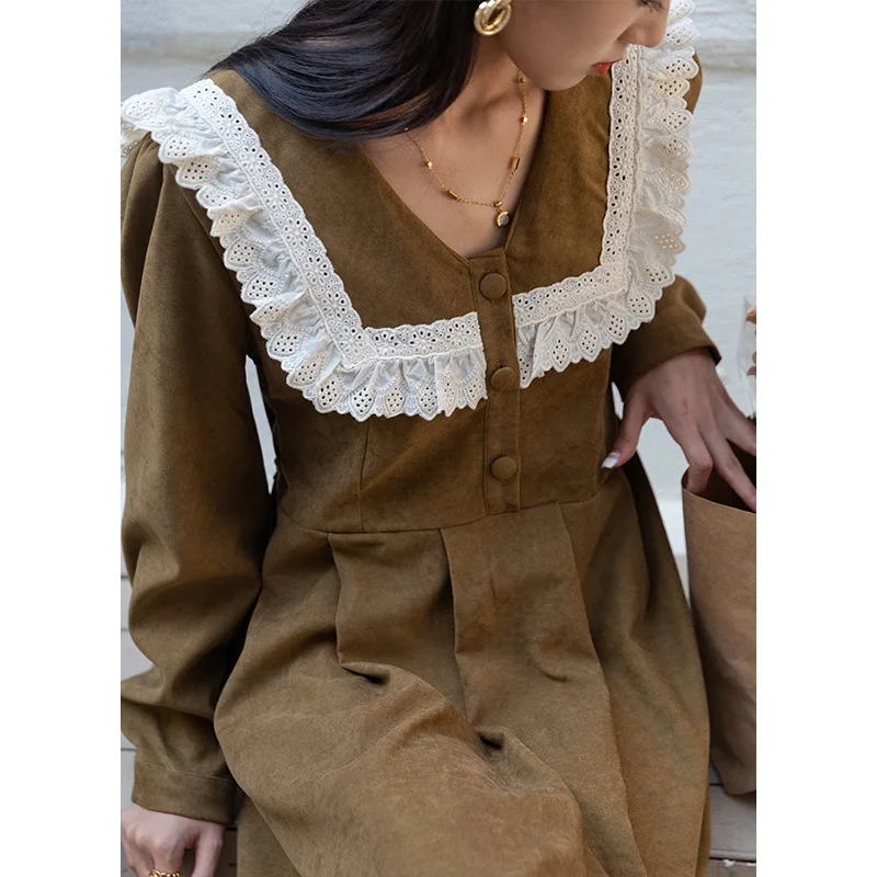 

lace collar doll dress female restoring ancient ways the new qiu dong han edition 2021 loose of tall waist